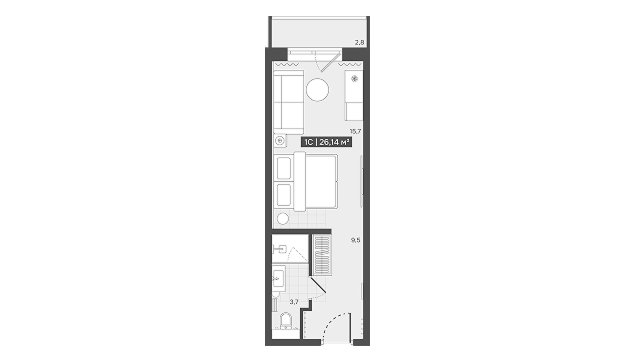 Планировка конкретного формата: 1С, 26,14 м²